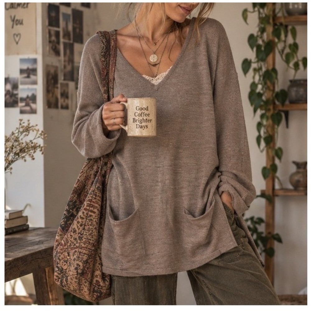 St. John's Bay V-neck Sweater Womens S Pockets Knit Stretch Granola Minimalist